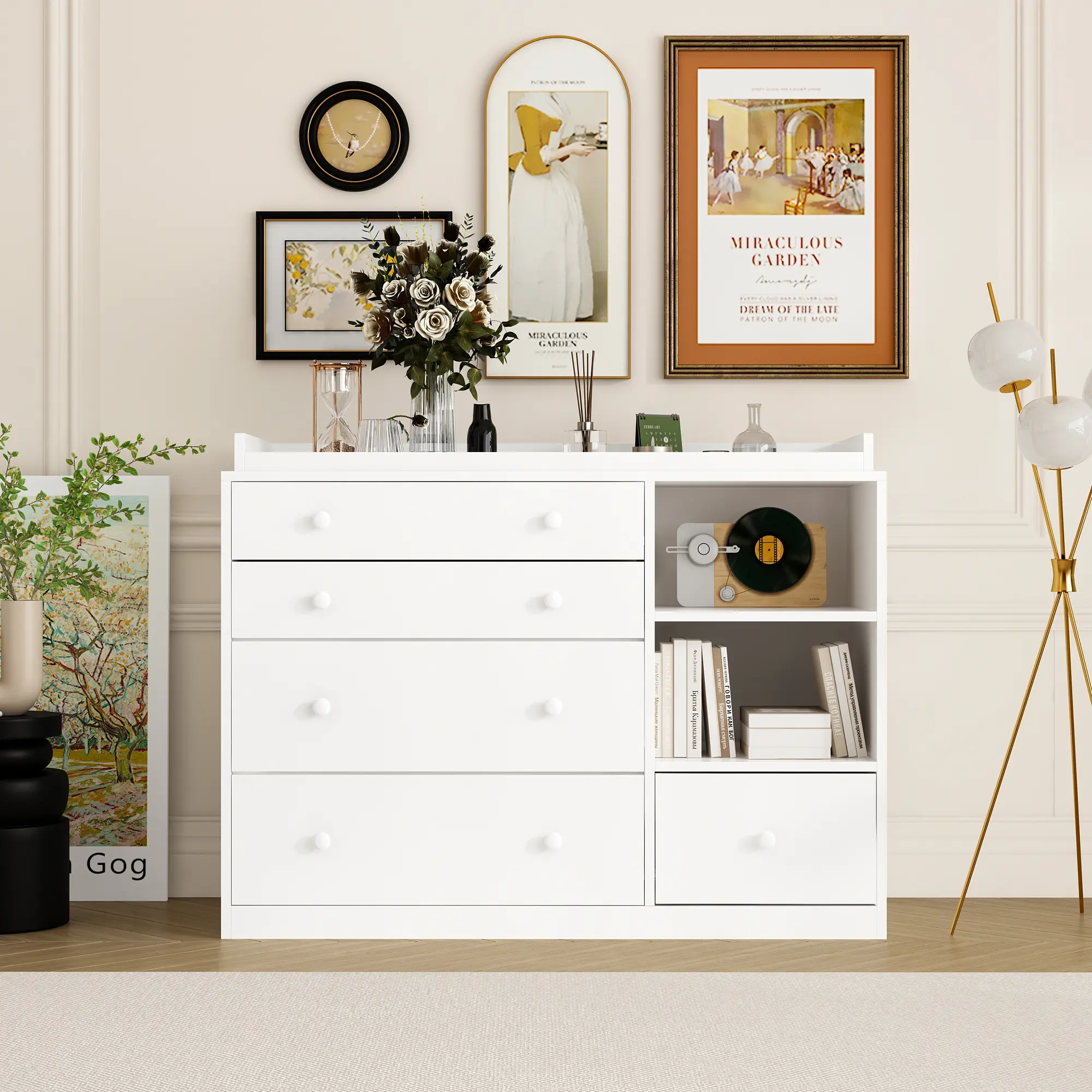 FUFU&GAGA Modern Nursery Engineered Wood Drawer Chest Sideboard - 5 Drawers, 2 Open Shelves, Guard Table Top, Lifted Base, Sturdy Indoor Storage Furniture for Bedroom, Playroom, Type C Single Unit Cupboard (Requires Assembly), Slide Rail