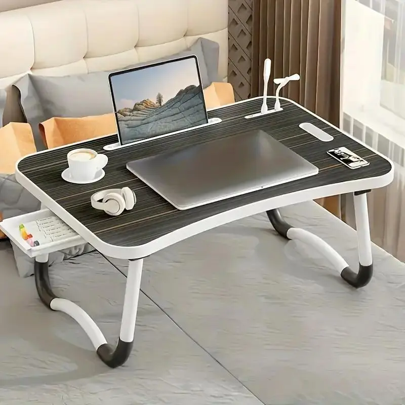 Adjustable Laptop Bed Desk with Drawer, Book Rest, USB Fan & LED Light — Portable Bedside Table for Use on Bed, Sofa, Studying & Reading