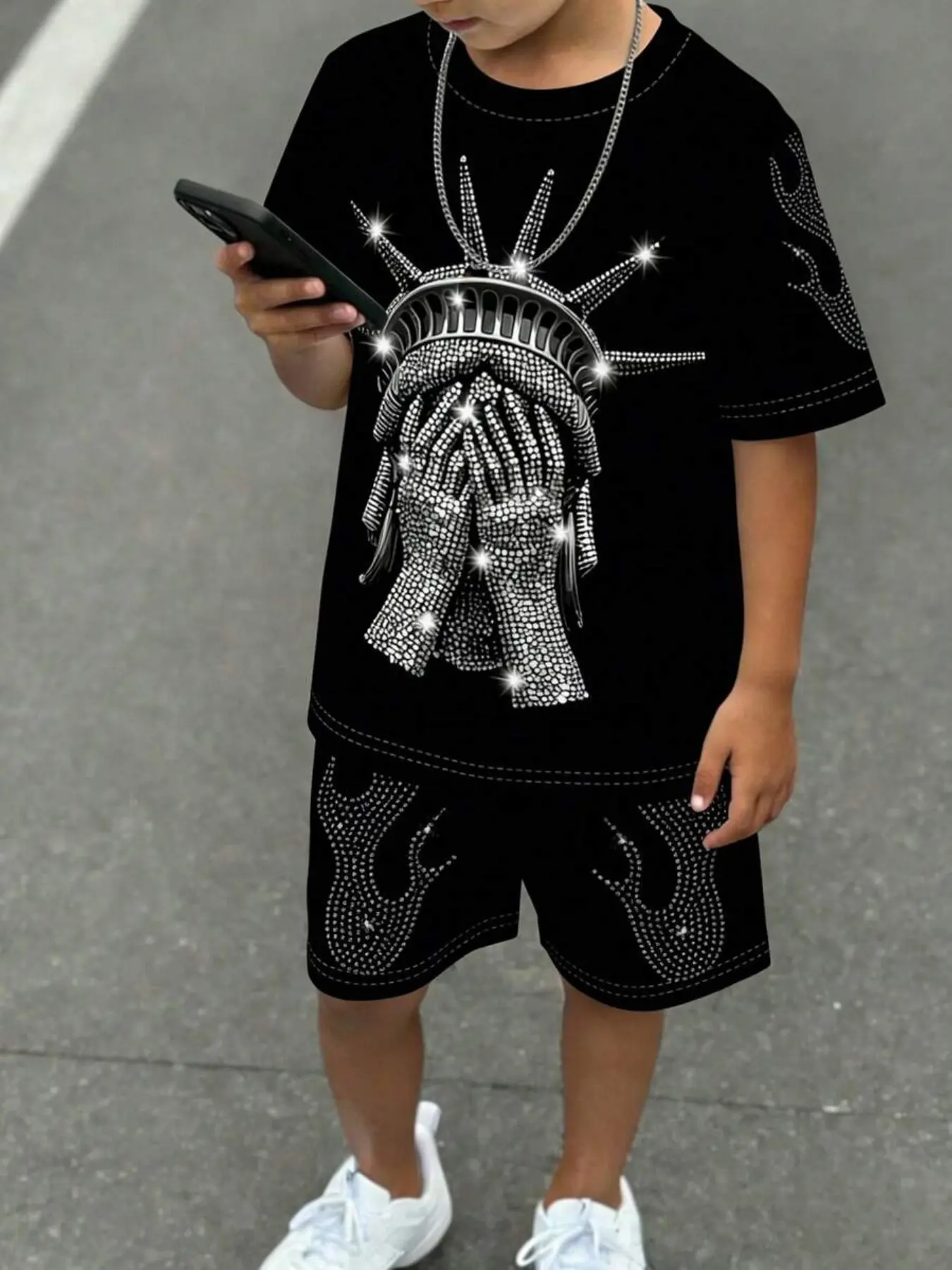 Boys' Casual Sportswear Set, Round Neck Short Sleeve T-Shirt & Shorts, Motorcycle Style, 3D Print, Outdoor Activities, Sports Clothing Set, Fashion Set, Outfit Sets, Summer, Combined Set