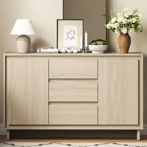 Royalcraft L Modern Storage Cabinet with 2 Doors, 3 Drawers & Framed Edge Design, Multifunctional Sideboard Credenza, Freestanding Organizer for Kitchen, Living Room, Entryway, Beige