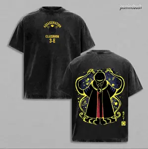 Koro Sensei Vintage Oversized Washed T-Shirt, Assassination Classroom 3-E Graphic Tee, Retro Anime Streetwear for Men and Women