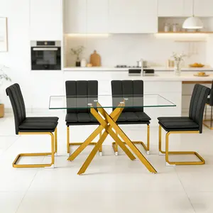 51.18 "Rectangular Glass Dining Table with Clear Tempered Glass, Golden Plated Tubular Metal Legs with Adjustable Leveling Feets, Kitchen Table for Dining Room,Dinner Table（ONLY TABLE）