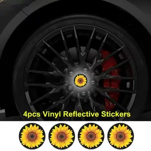 4pcs/sheet Beautiful Sunflowers Car Wheel HUB Center Reflective Stickers, For Car Wheel Decoration Night Driving Safety Warning Sign Decals, Self-Adhesive Vinyl Sticker Gift, Car Accessories