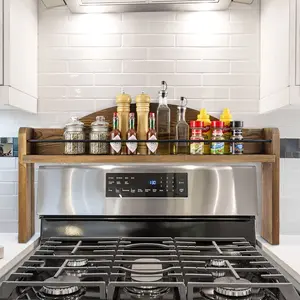 Burnt Wood and Black Metal Wire Bar Stove Top Spice Rack, Space Saving Over Oven Range Stovetop Storage Display Shelf