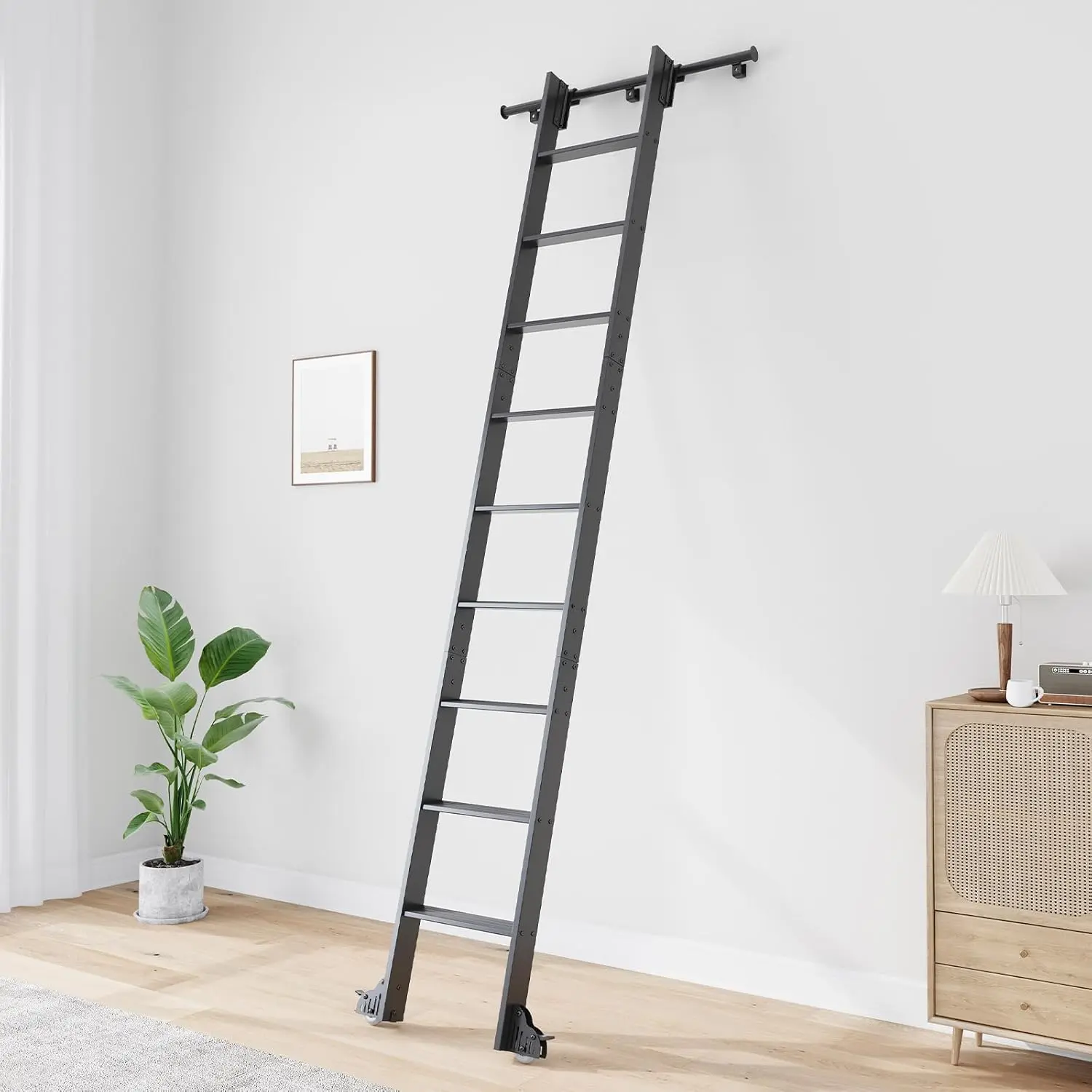 10FT Rolling Library Aluminium Step Ladder 120" with 4FT Sliding EASELIFE-Hardware Track Kit Bottom Wheel Included,for Kitchen,Loft,Warehouses,Bookstore,Atti,Dressing Room,Metal Black