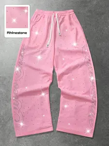 Unisex oversized American street style straight-leg pants/sweatpants with sparkling hot-stamped rhinestones. Perfect for summer streetwear. #spring, #springfashion, streetwear, Y2K style, suitable for hip-hop, outdoor activities, campus life, hip-hop, rap