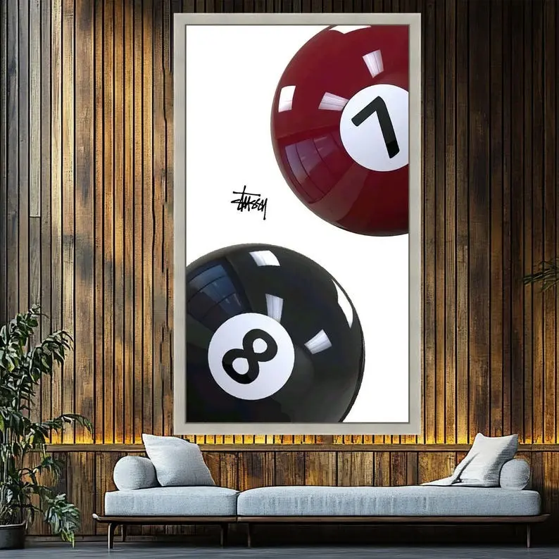 Vintage Design Unframed Billiard Balls Wall Art Print - Red 7, Black 8 Ball Graphic, Glossy Paper Artwork, Man Cave Decor, Modern Home Accessories