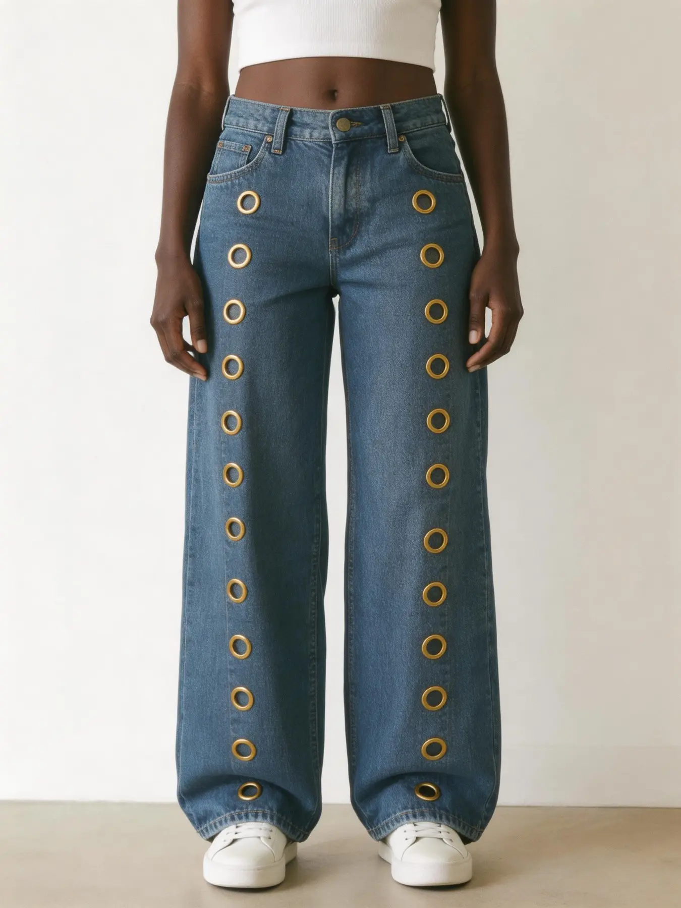 American High-Waisted Wide-Leg Womenswear Streetwear Denim Jeans Pants Trouser with Button Details, Fits All Heights, Casual Style, Plain Pattern, Suitable for All Seasons, High Rise Jean