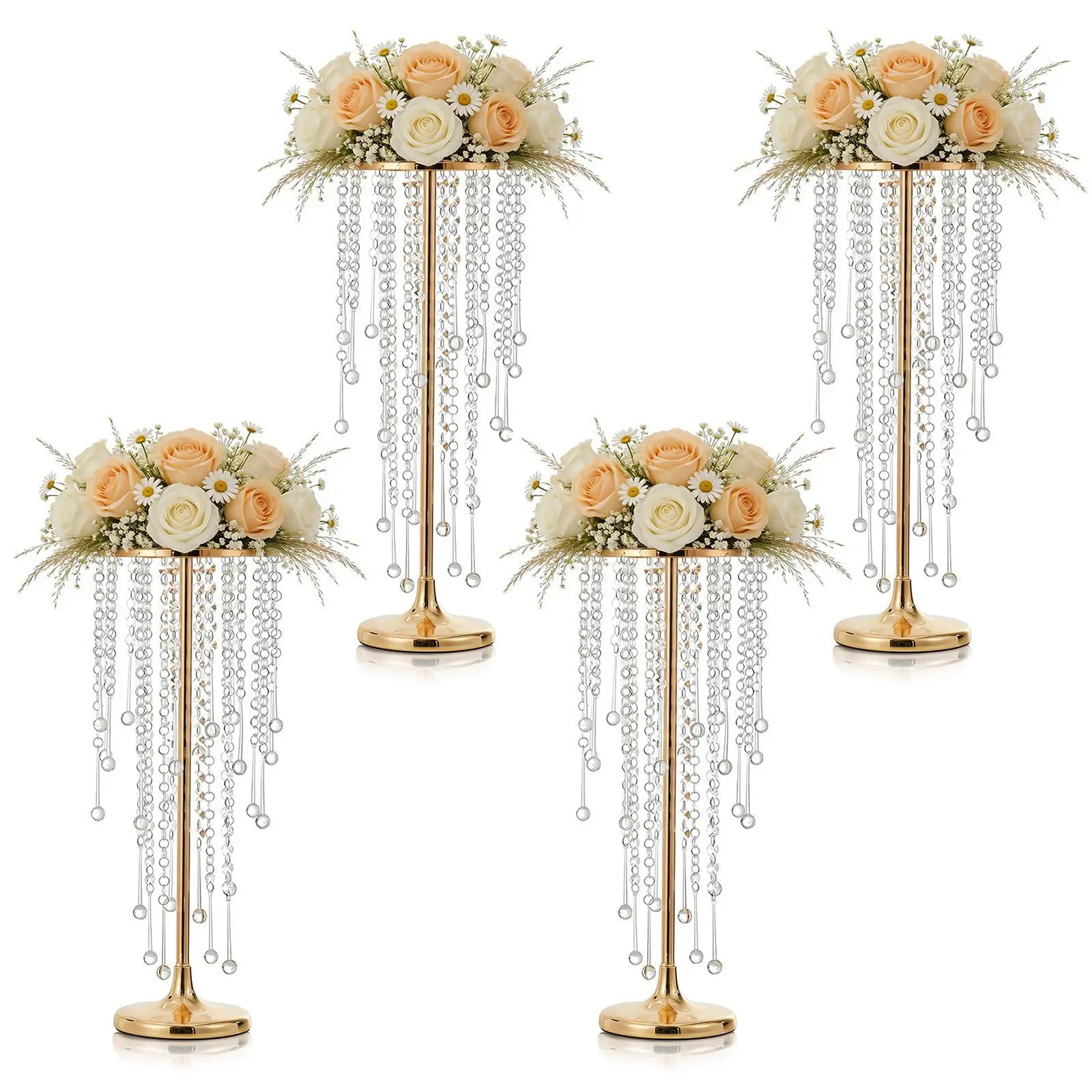 Garvee 4 PCS 21.7in Tall Wedding Centerpieces Gold Vases, Metal Flower Stand for Table with Crystal Beads, Gold Flower Vase for Party, Home, Events, Reception, Durable Rust Resistant