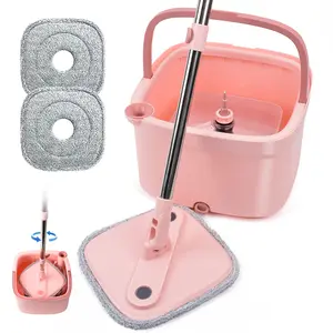 【 KZKR pink series】Spin Mop Bucket Set with Rinse and Wringer Clean and Dirty Water Seperation Mop Bucket and Washable Microfiber Mop Pads Dual Compartment