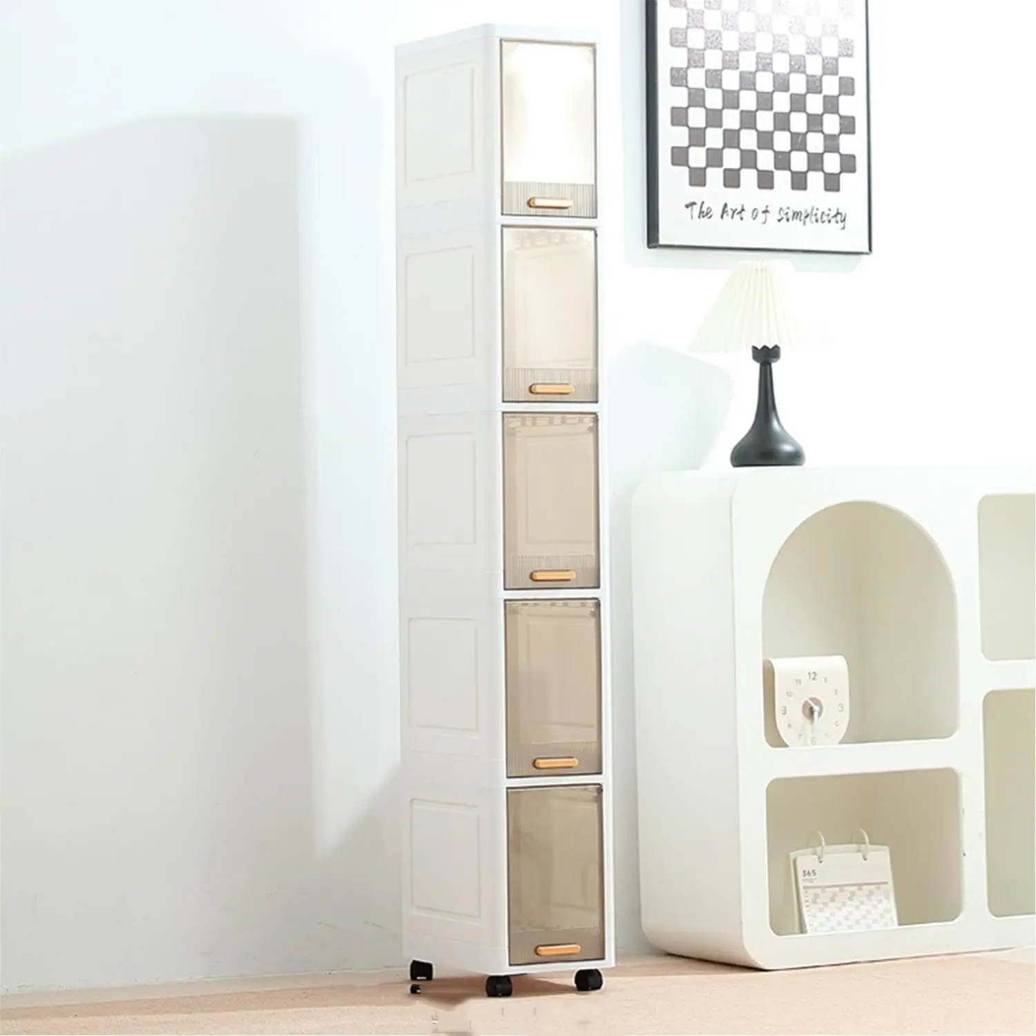 Slim Storage Cabinet, 5-Tier Narrow Dresser Tower with Wheels, Mobile Plastic Drawer Organizer for Bathroom, Kitchen, Bedroom, Creams Style Small Space Saving Rolling Cart, White and Brown