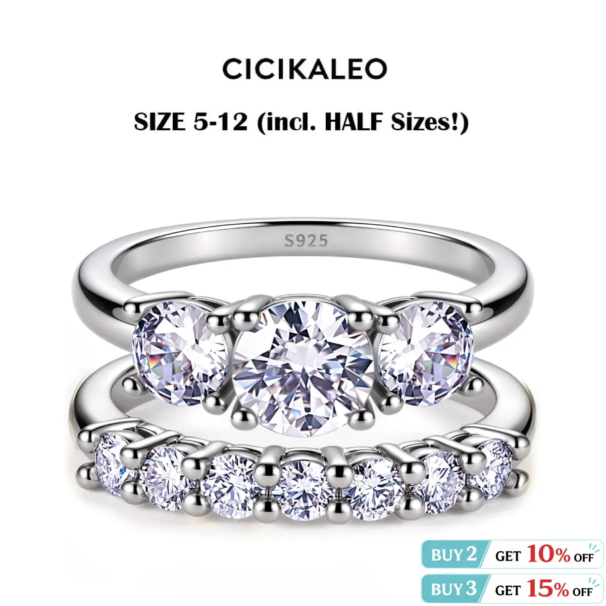 CICIKALEO S925 Sterling Silver Moissanite Rings for Women, 1CT 2-Piece 3-Stone Stackable Wedding Ring Set, Lab-Created Engagement Promise Anniversary Gift R1 tiktokshopbacktoschool