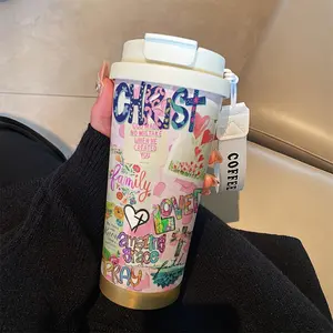 Religious Prayer Slogan Coffee Cup Set, 530ML Insulated Travel Mug with Straw and Lid, Leak-Proof Handle, Insulated Stainless Steel Flasks, Drinkware, Insulated Water Cup, Perfect Gift for Valentine's Day, Vacuum Insulated Flask, Tumbler Cup