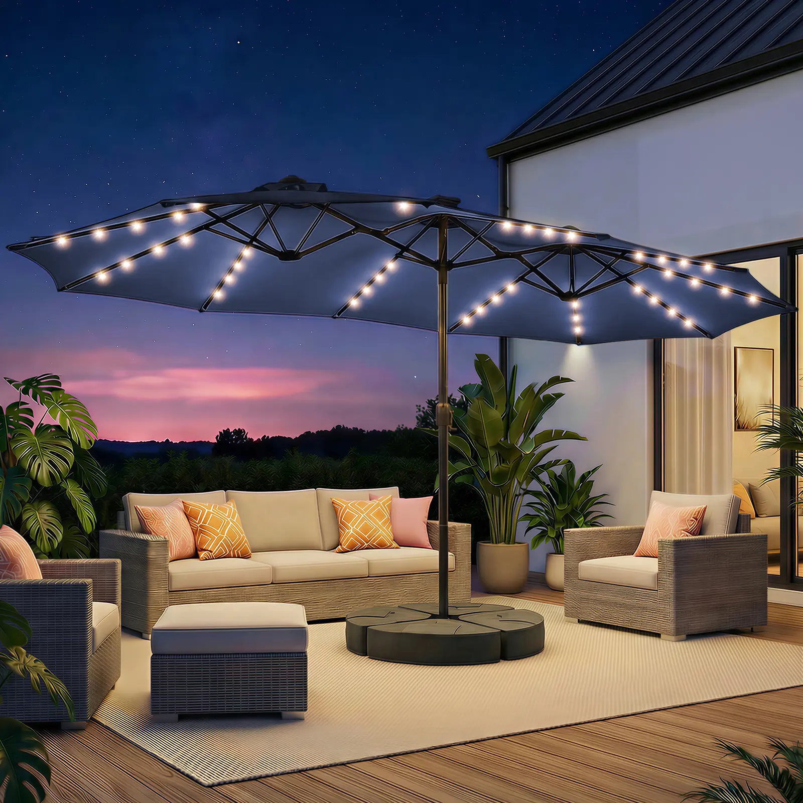 HOMSHADE 13ft/15ft Large Outdoor Patio Umbrella with Base – LED Light Option, Double-Sided, Crank Handle, Waterproof，Comes with Weighted Base and Sandbag, Accommodates 10 People, Great for Poolside, Garden, Lawn, Backyard, Deck and Beach