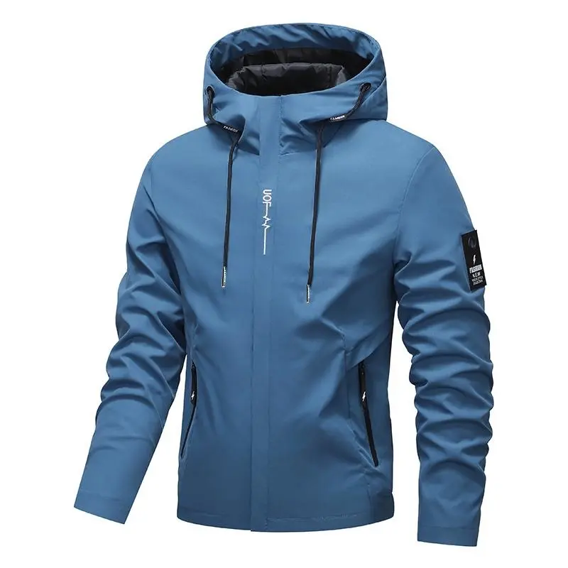 Men's Woven Windproof Outerwear, Casual Fitted Long-Sleeve with Drawstring Hood and Waterproof Zipper Pockets