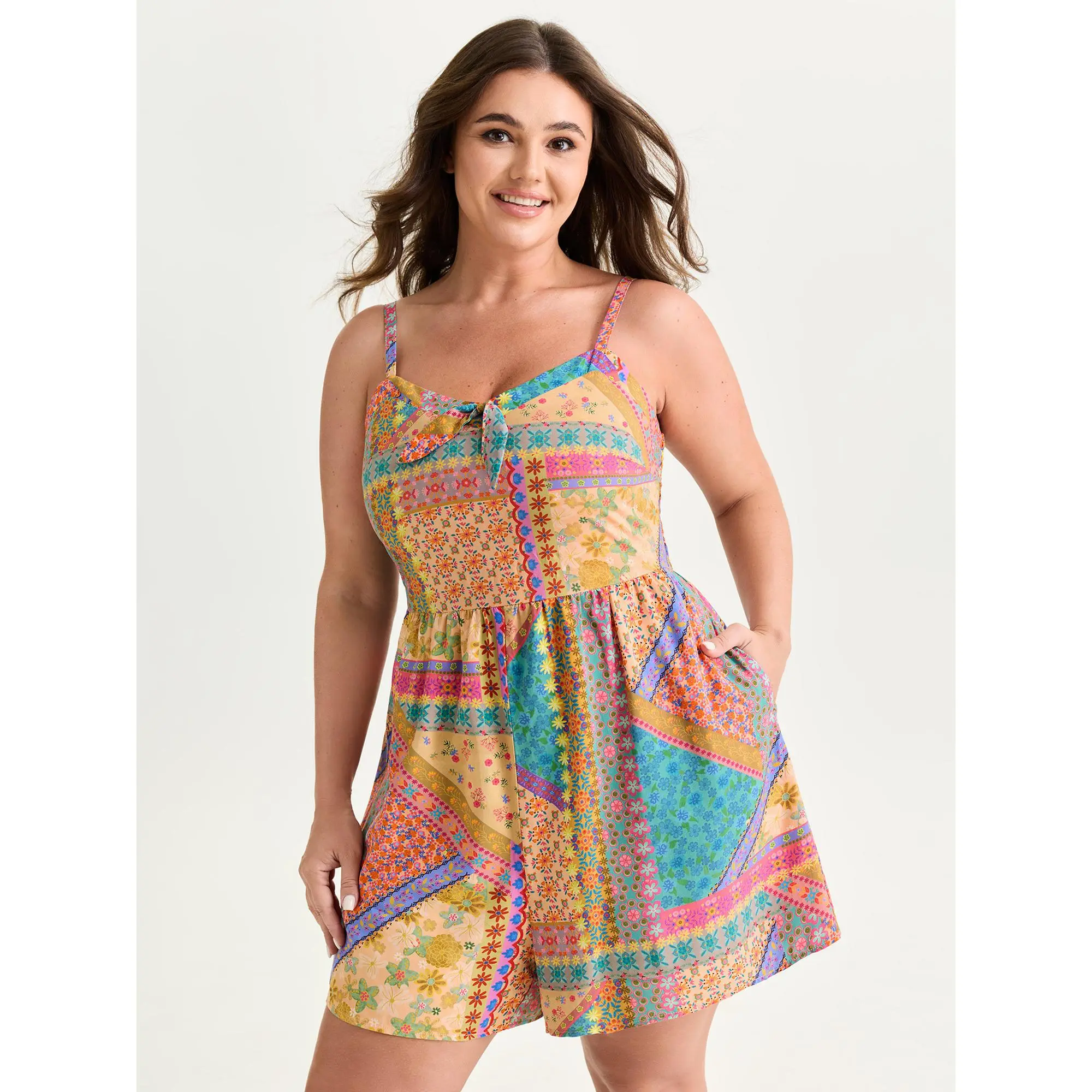 BloomChic Women's Plus Size Sleeveless Bohemian Multicolor Floral Patchwork Rayon Romper - Smocked Bodice, Bowknot, Pockets, Smooth Polyester Fabric, Casual Wear, Low Iron