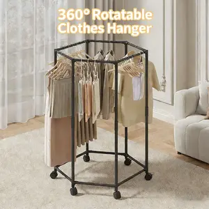 Rotating Clothes Rack with Wheels, Multifunctional Hexagonal Storage Hanger, Space Saving, Easy Assembly, Durable Metal Structure, Hangable, Adjustable Clothing Racks