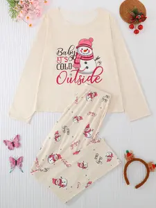 Women's 2-Piece Pajama Set, Casual Round Neck Long Sleeve Top & Elastic Pants, Christmas Cartoon Print, All-Season Comfortable Sleepwear, Homewear