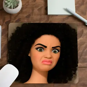 Dark Curly Hair Angry Doll Meme Square Gaming Mouse Pad, Computer Mouse Pad, Y2K 90s Retro Dramatic Design, Aesthetic Desktop Decor, Non-Slip Rubber Mousepad with Stitched Edge, Small Mouse Pad for Laptop PC Gaming Work, Gift for Meme & Y2K Fans