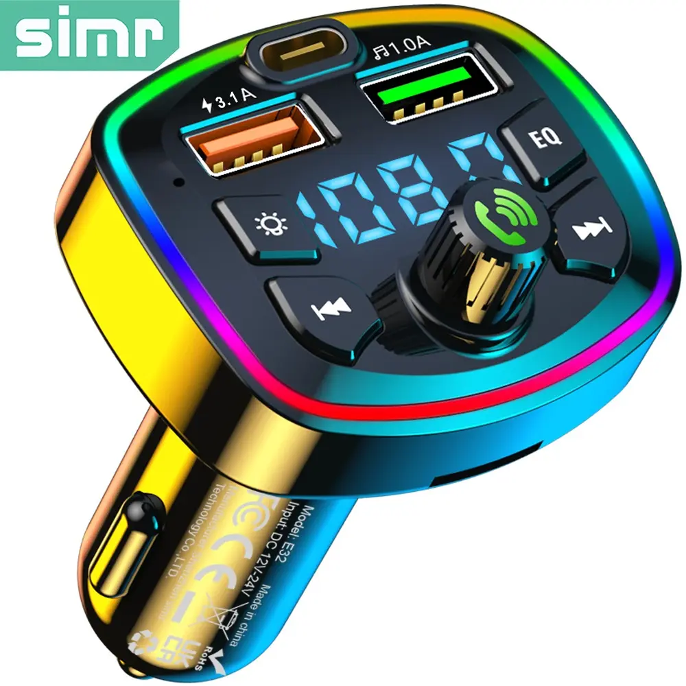Simr E32 Car FM Transmitter, Automobile Adapter, Bluetooth FM Transmitter & Wireless Radio Universal Car Connectivity Adapter Car Kit with Dual USB & Type-C Fast Charging Car Charger, MP3 Player, USB Flash Drive Support, Smart Car Audio Receiver