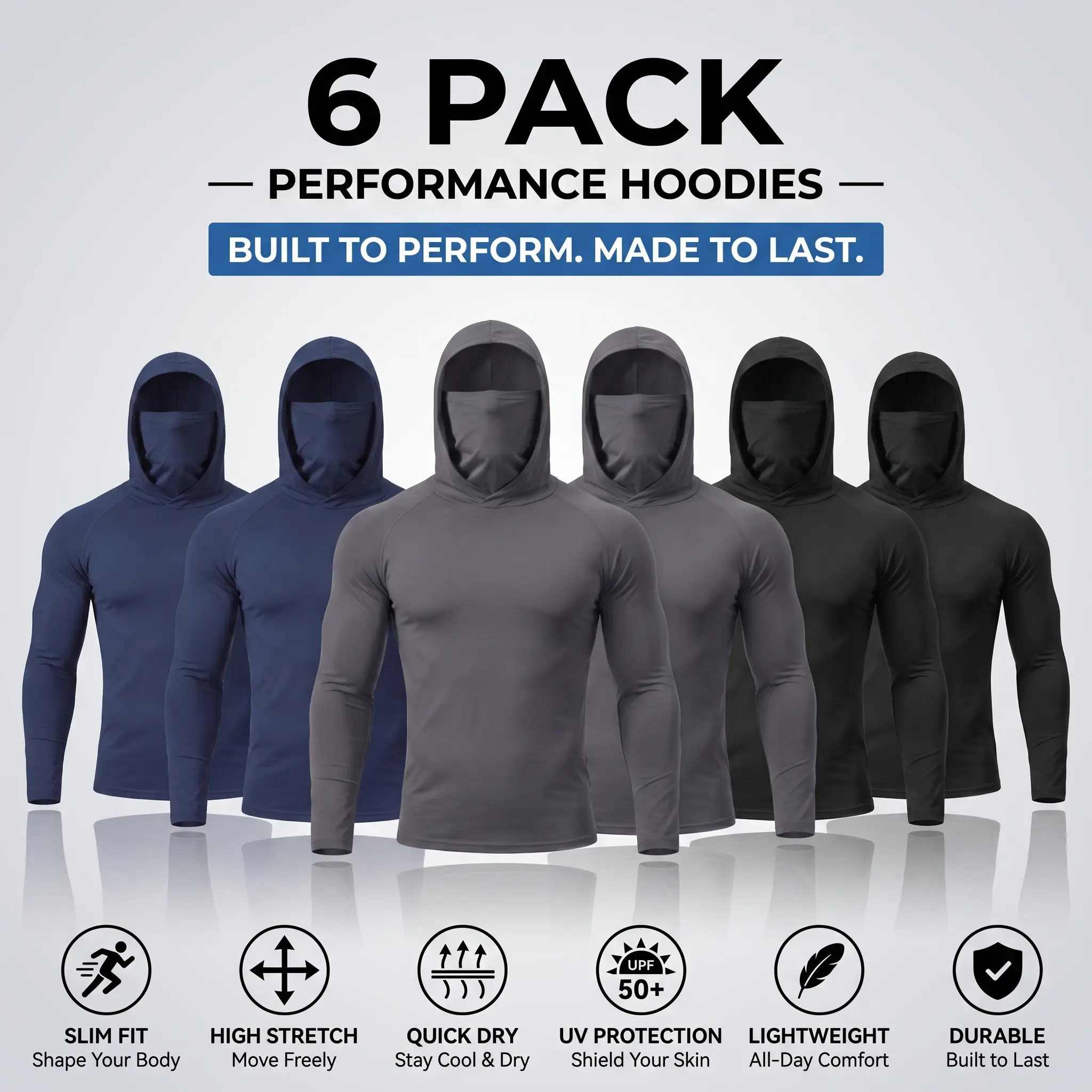 Men’s 6-Pack Hooded Work Shirts with Built-in Face Cover, Breathable Lightweight Long-Sleeve Quick-Dry Performance Tops for Outdoor Work, Construction, Breatheable,back to school,back to school shopping