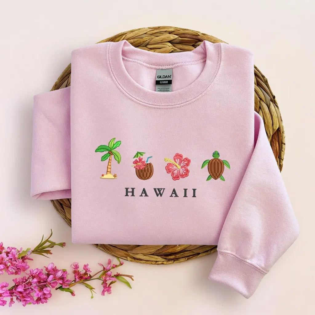 Hawaii Embroidered Sweatshirt, Ocean, Cozy, Hibiscus Flower, Sea Turtle, Coconut Crewneck, Beachy Crewneck, Summer Vacation Sweatshirt