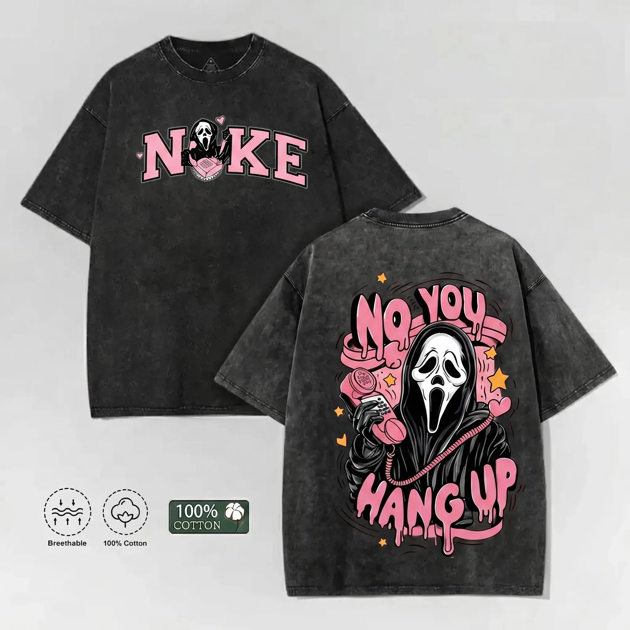 Vintage Acid Wash No You Hang Up Graphic Tee Creepy Cute Ghost Oversized Shirt 100% Cotton Y2K Parody Streetwear short-sleeved t-shirt men cottontees top vintage menswear loose fit summer casual shirt