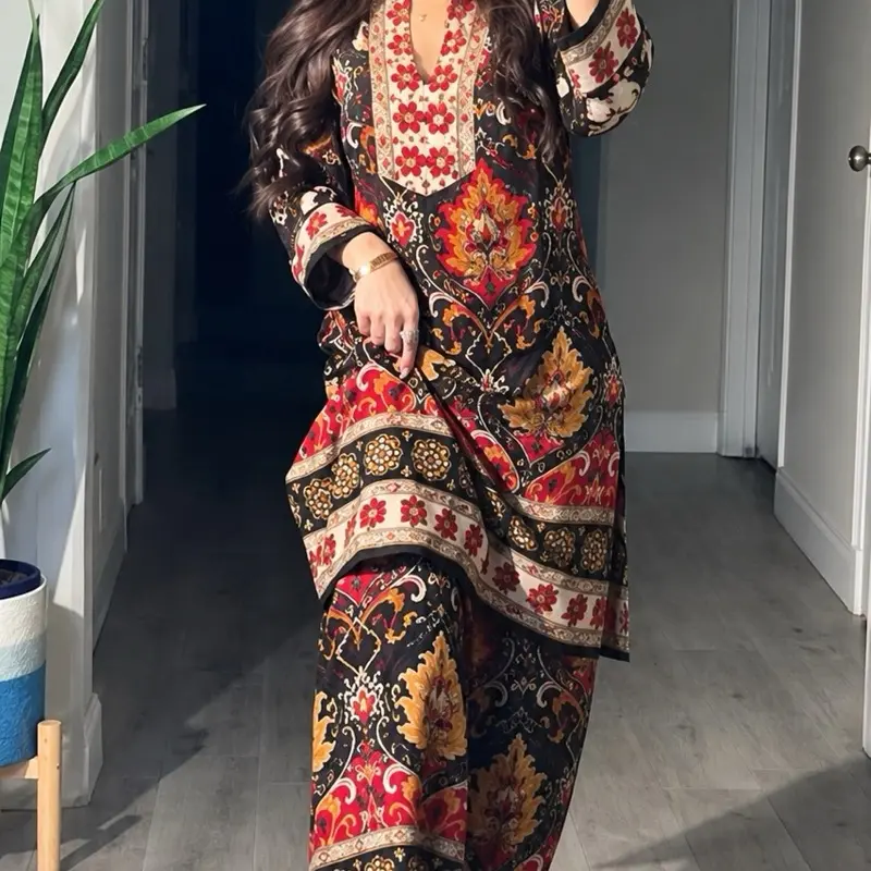 Premium high-quality Azrak print two piece set neck line heavy mirror work
