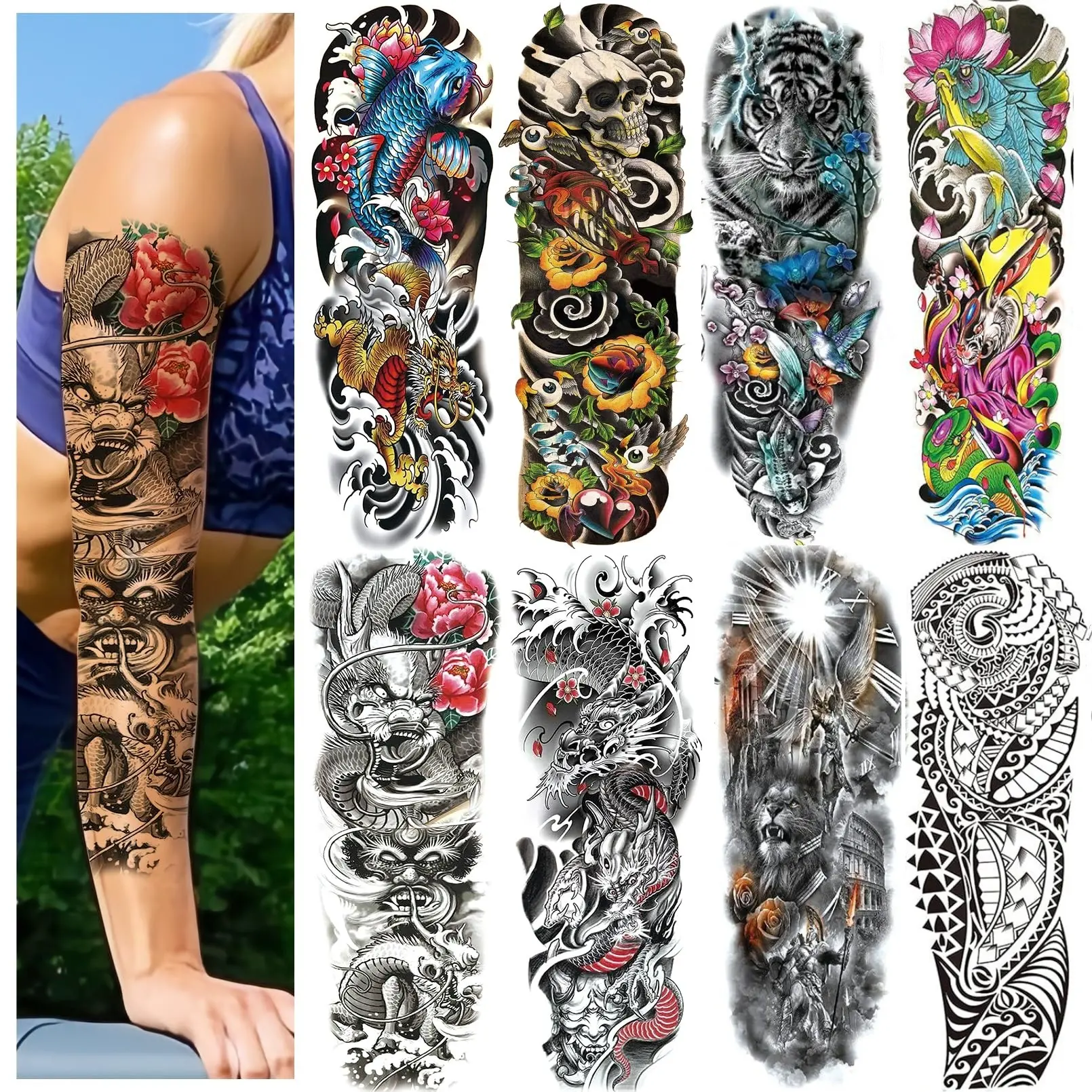 12 Sheets Full Arm Black Scary Temporary Tattoos for Men Adults, Temp Millitary Tattoos Sleeve For Women, Waterproof Totem Body Arm Chest Shoulder Wolf Flower Fake Tattoo Stickers Animal