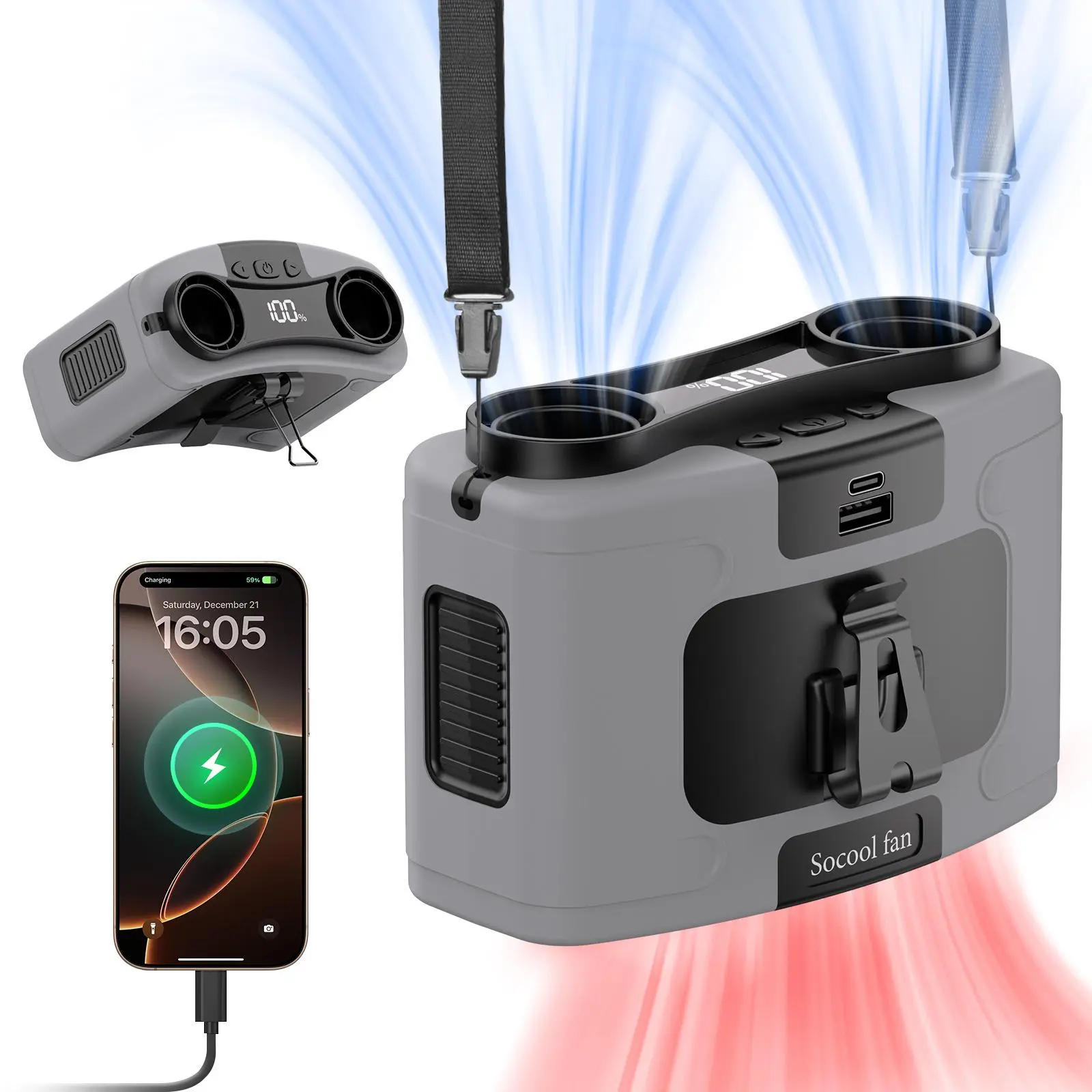 Socool 20000mAh Portable Waist Fan Clip on Wearable Belt Personal Fans Rechargeable Battery Operated Cordless Fan, 40H Cooling Fan with 10 Speeds & Dual Motors, Neck Fans Hanging Hands-Free for Outdoor Travel Rechargeable USB Fan