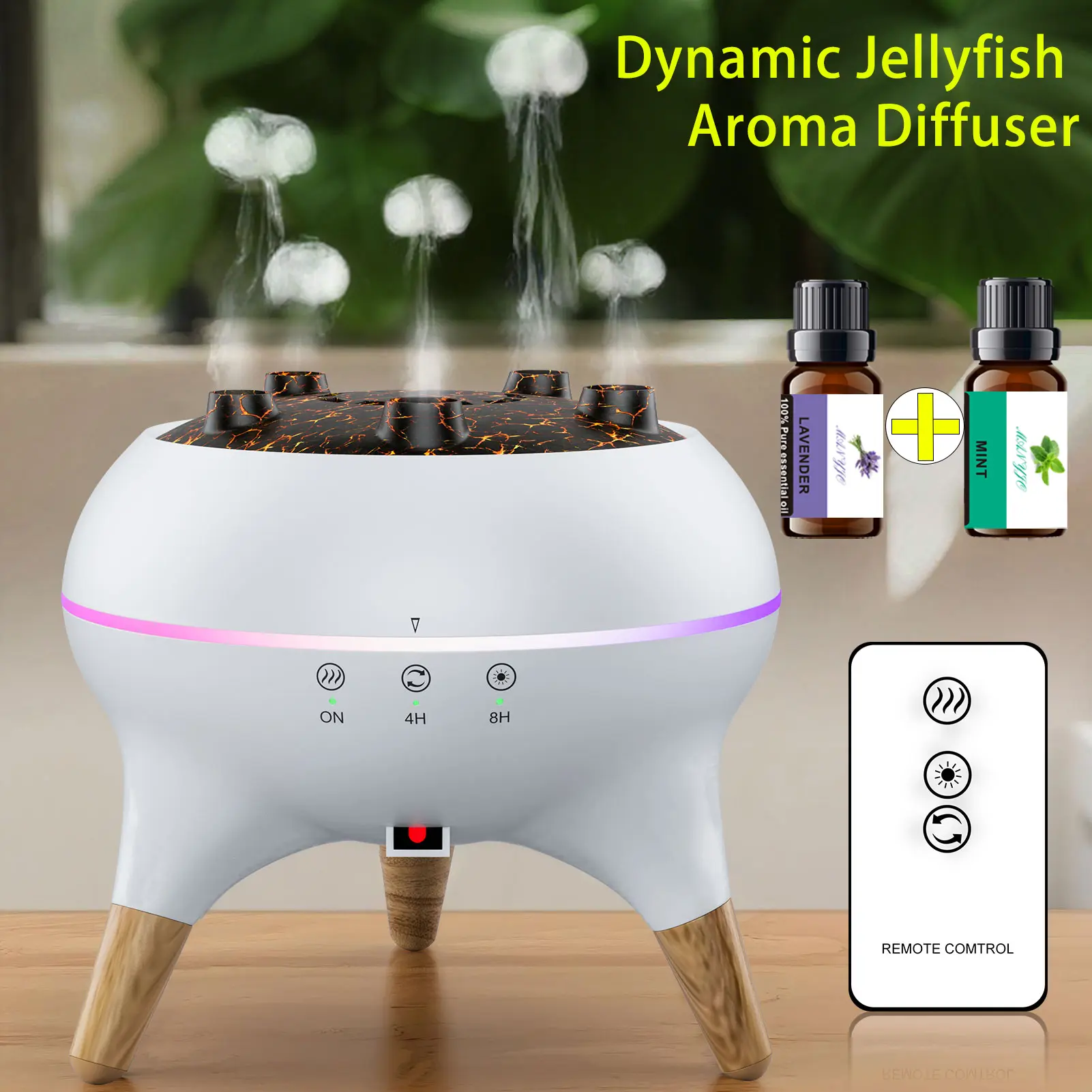 Dynamic Jellyfish Aroma Diffuser - Desktop Household Deodorizer Humidifier Aromatherapy Machine with Dynamic Multi-Spray, Large Fog Output, Color Changing LED Lights, Remote Control, Automatic Power Off, Calming Home Fragrance, Automatic Power Off Aromath