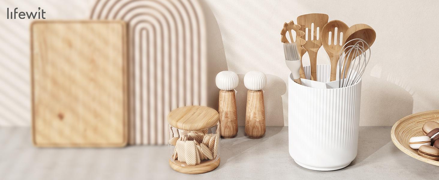 Utensil Holder for Kitchen Counter, Cooking Silverware Caddy with Non-Slip Rotating Base, Large 3 Compartment Plastic Spoon Spatula