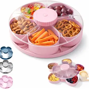 Divided Serving Tray That Spins – Perfect for Snacks, Dips & Party Appetizers, Rotating Lazy Susan Charcuterie Board Organizer Veggie Fruit Tray with Lid for Kitchen,Travel and Picnic (Pink)