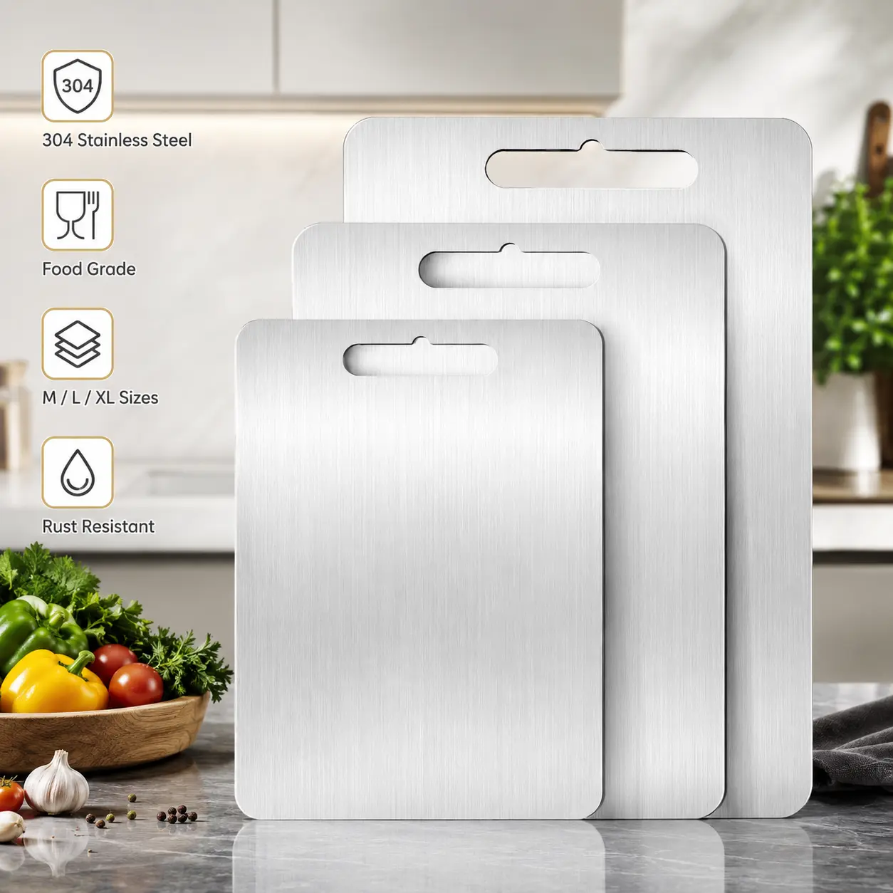 304 Stainless Steel Cutting Board Set of 3 (M/L/XL) – Food Grade Metal Chopping Boards for Kitchen, Heavy Duty Rust-Resistant Boards for Meat, Vegetables & Fruit, Easy to Clean Durable Kitchenware