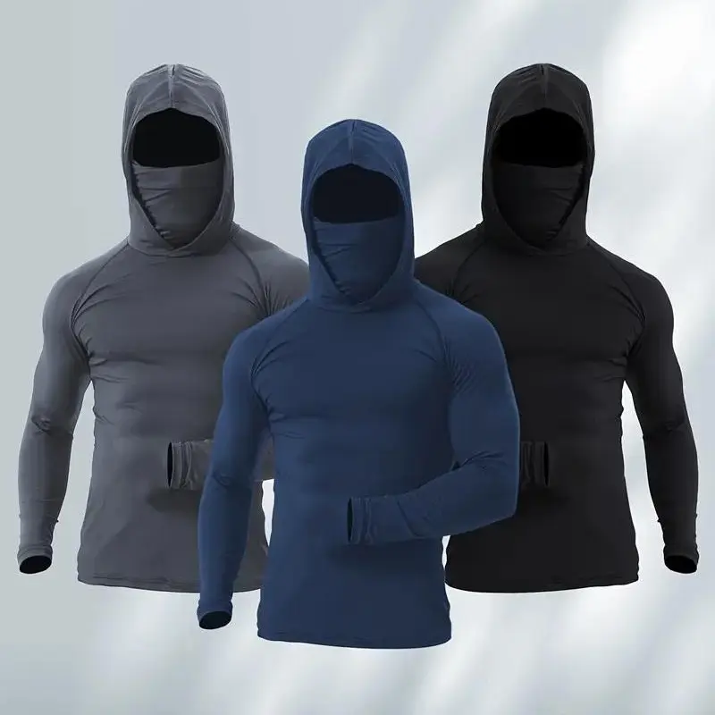 [Long Sleeve Hooded Face Cover Men's Sports Hoodie] 3 Male Compression Fit Workout Wear, Quick Dry Breathable Outdoor Sports Top with Mask for Autumn Workouts, Casual Men's Sports Hoodie, High Compression Men's Sports Hoodie