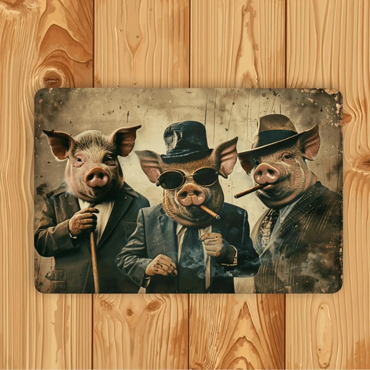 Humorous Vintage Animal Metal Wall Art Featuring Dressed Pig Design Ideal for Home Bar Cafe or Garage Decor 12x8 Inch Durable Tin Artwork for Any Indoor or Outdoor Space