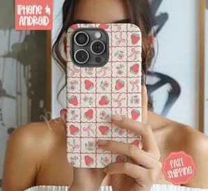Strawberry Floral Phone Case Mag Safe Compatible Magnetic Tough Cases