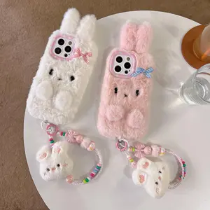 Cute Rabbit Design Plush Phone Case with Lanyard, 1 Count Anti-drop Decorative Phone Protector Cover, Phone Accessories Compatible with iPhone Series