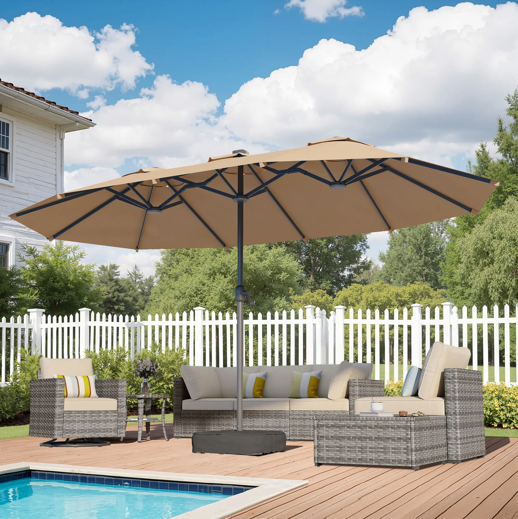 XIZZI 15ft Large Patio Umbrella with Solar Lights and Rectangle Base, Double-Sided Outdoor Market Warm Lighted Umbrella Suitable for Party and Barbecue in the Backyard and Garden or near the Pools