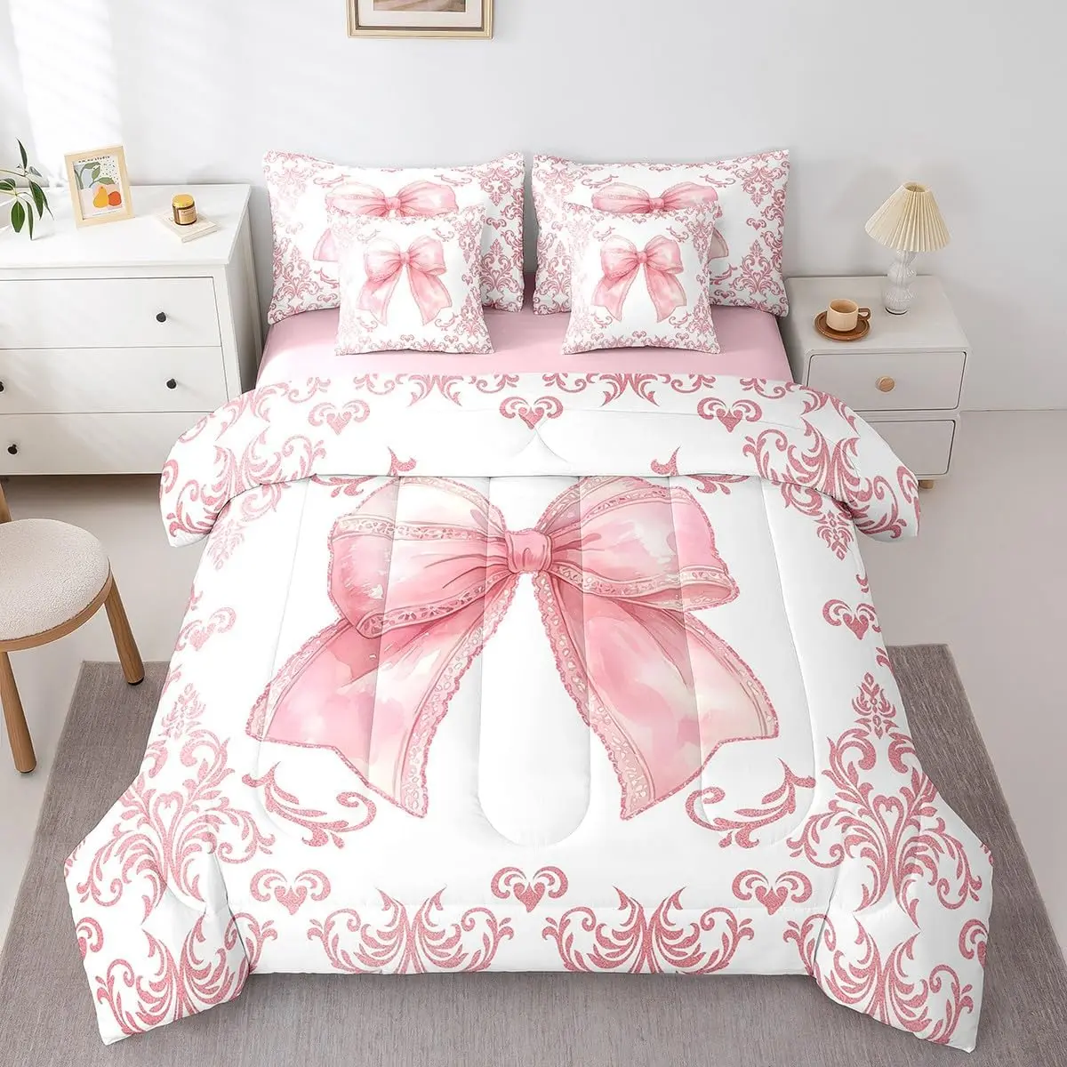 Feelyou 7-Piece Princess Theme Bedding Set - Pink Damask Comforter Set with Ribbon Bow Accents, Sheets, Blanket, Bed-in-a-Bag for Girls, Soft Breathable Bedding