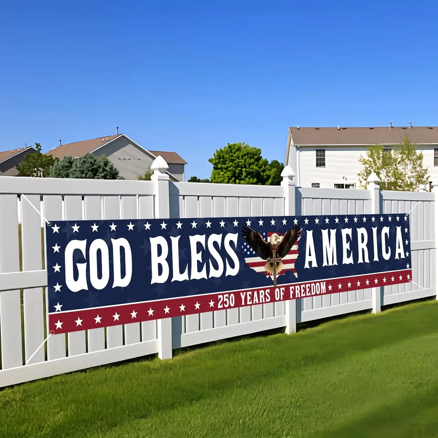 250th Anniversary Imprinted USA Fabric Flag Banner - Ribbon-Hang Ready, Wind-Sun Durable, Fade Resistant, 120"x20" Large Size Patriotic Blue Backdrop for Independence Day, Indoor-Outdoor Home Festive Party Supplies, Outdoor Display