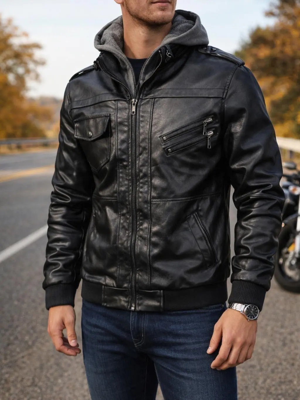 Men's Preppy Casual Faux Leather Two-Piece Motorcycle Jacket for Stylish Outings & Rides - Versatile & Comfortable Menswear coat outdoor clothing windbreaker fit Black Long Sleeve Outfit Fashion Tops Tops