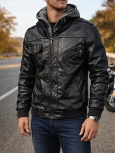Men's Preppy Casual Faux Leather Two-Piece Motorcycle Jacket for Stylish Outings & Rides - Versatile & Comfortable Menswear coat outdoor clothing windbreaker fit Black Long Sleeve Outfit Fashion