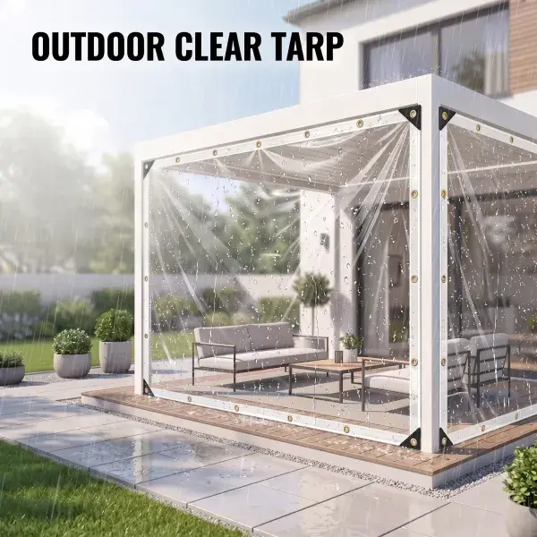 Heavy-Duty Transparent Vinyl Plastic Sheet (10×13 ft) - All-Weather Waterproof Dustproof Fabric with Thick Edges, Fixed Ring Buckles, Weathering Resistance for Canopy Protection