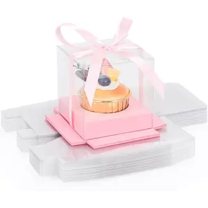 Plastic Clear Cupcake Holder 24pcs 3.5 Inch Pink Single Cupcake Carrier with Ribbon and Inserts Cupcake Carrier Storage for Cake Dessert Cupcake Boxes for Wedding Birthday Party Favor