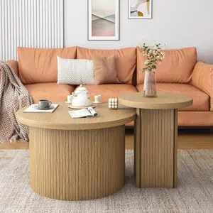 Modern 2-Piece Wooden Fluted Panel Nesting Coffee Table Set - Groove Base, Compact Sizes, Versatile Accent for Living Room, Farmhouse Home Decor