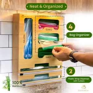 Baldallac Ziploc Bag Organizer 6 in 1 made of bamboo for foil and wrap paper, compatible with Quart, gallon, sandwich, snack foodie bag