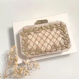 Hand-Embroidered Bridal Clutch: Ivory & Gold Wedding Evening Bag