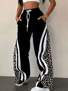 A women's fashionable new black leopard print white color-block striped drawstring waist pocket design sporty wide-leg pants, suitable for summer, daily wear, Everyday, and sports outfits.