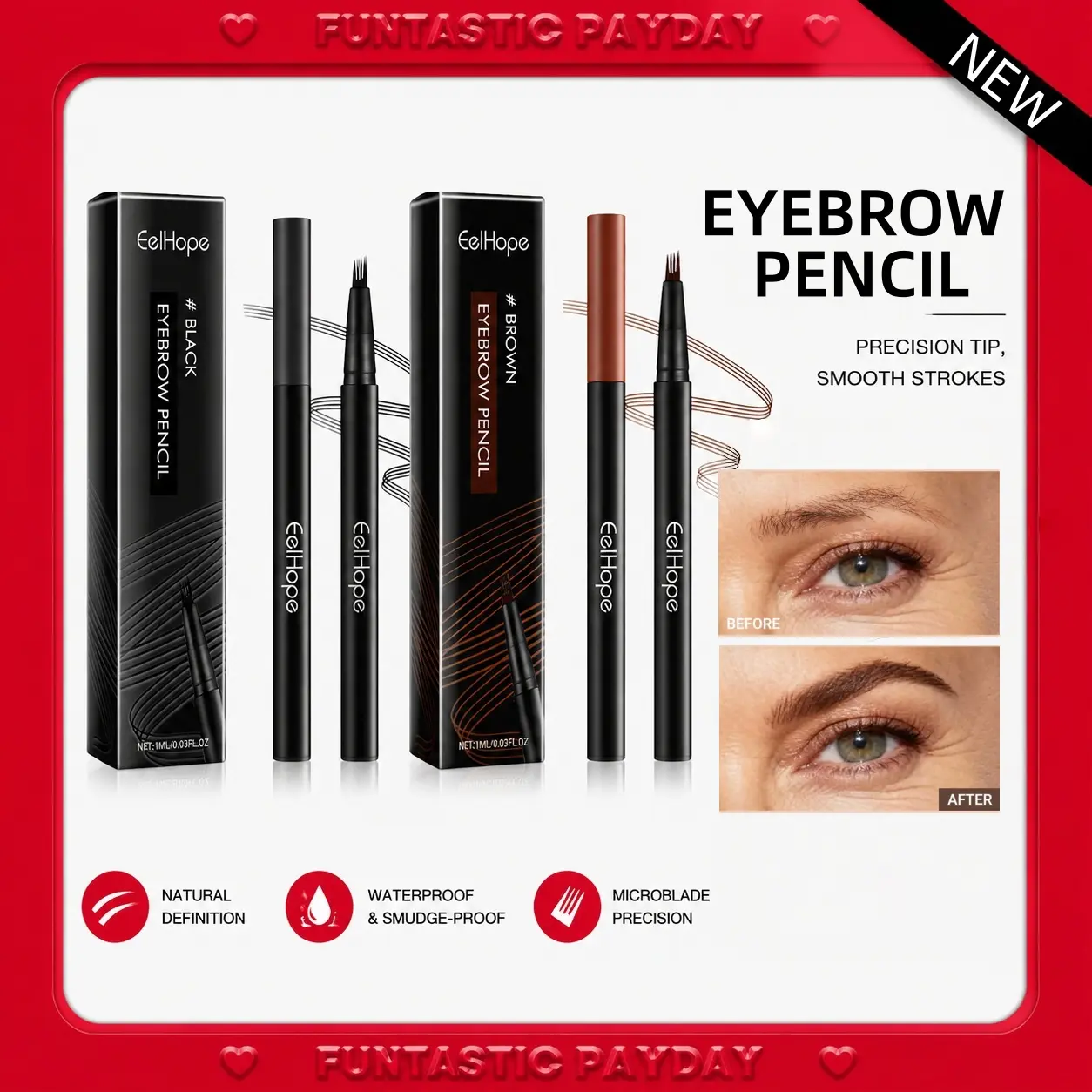 Ultra-fine eyebrow pencil with four tips for precise outlining. Suitable for beards and eyebrows - waterproof, natural finish, easy to use, and long-lasting.